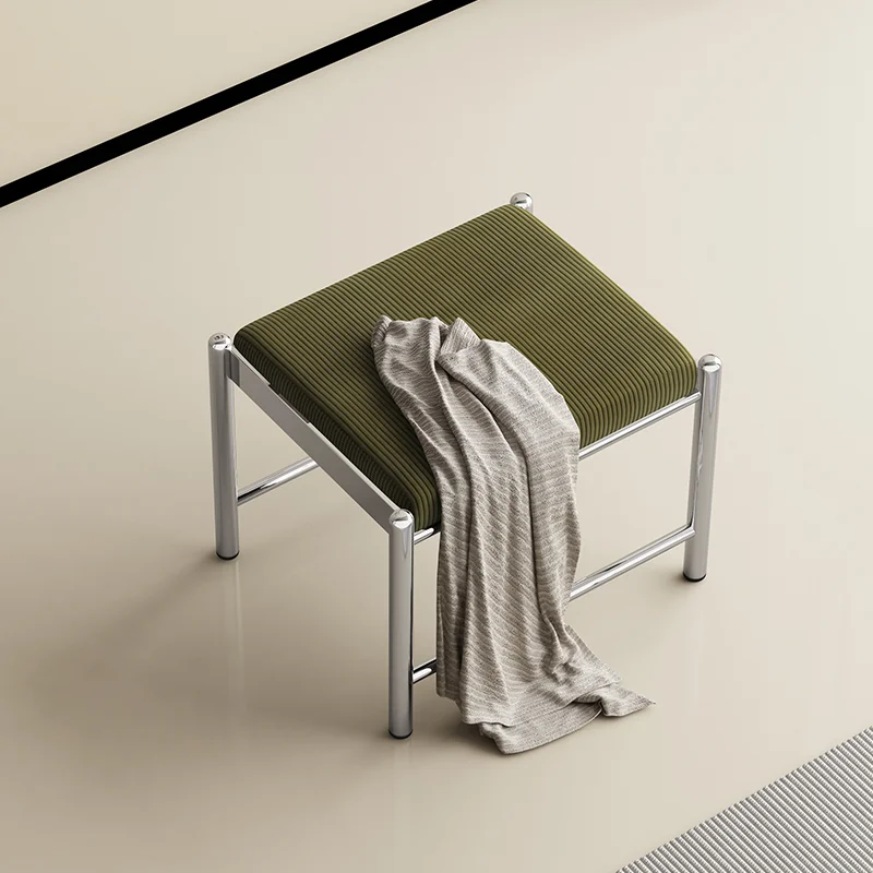 

French Retro Corduroy Shoe Bench Simple Metal Frame Dark Green Soft Bag Nordic Style Footstool Bedroom Leisure