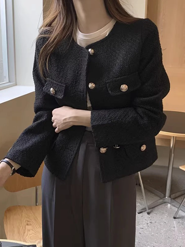 

Chic Autumn ort Loose Women's Jaet round Ne Single Button Decorative Faionable Commute Sle Long Sve Outerwear