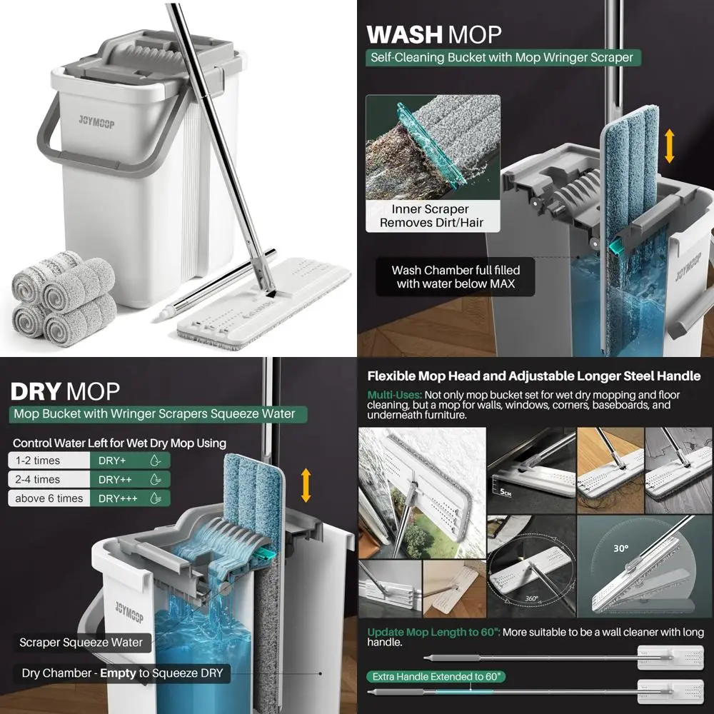 

Long Handle Flat Head Mop with Wringer Set, Hands-Free Squeegee for Wall Cleaning, Dust Mop for Easy Floor Maintenance