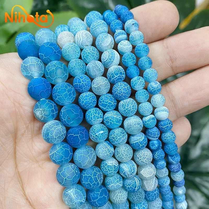 الصقيع كراب متصدع بحيرة الأزرق العقيق الخرز لصنع المجوهرات الجولة فضفاض الخرز Diy بها بنفسك Charms سوار أقراط 15 "ستراند 6/8/10 مللي متر
