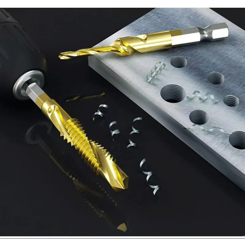 6PC Hex Shank High Speed Steel Spiral Taps Set Machine Thread Tapping Bit Electric Drill Hole Opening Tool