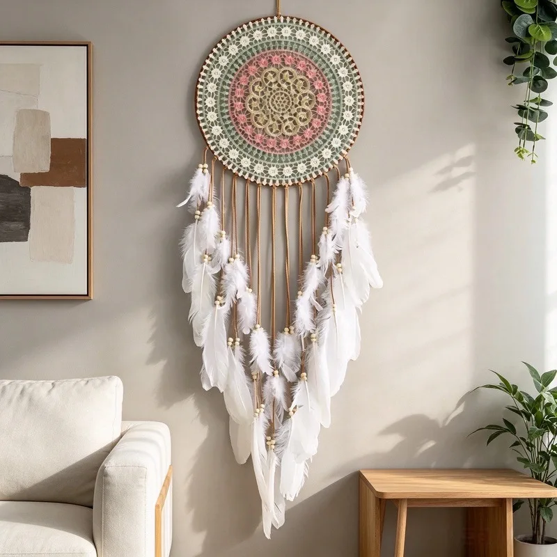 Colorful Woven Round Dream Catcher Feather Tassel Home Decor Handmade Bedroom Hanging Decoration Handicraft Wind Chimes Ornament