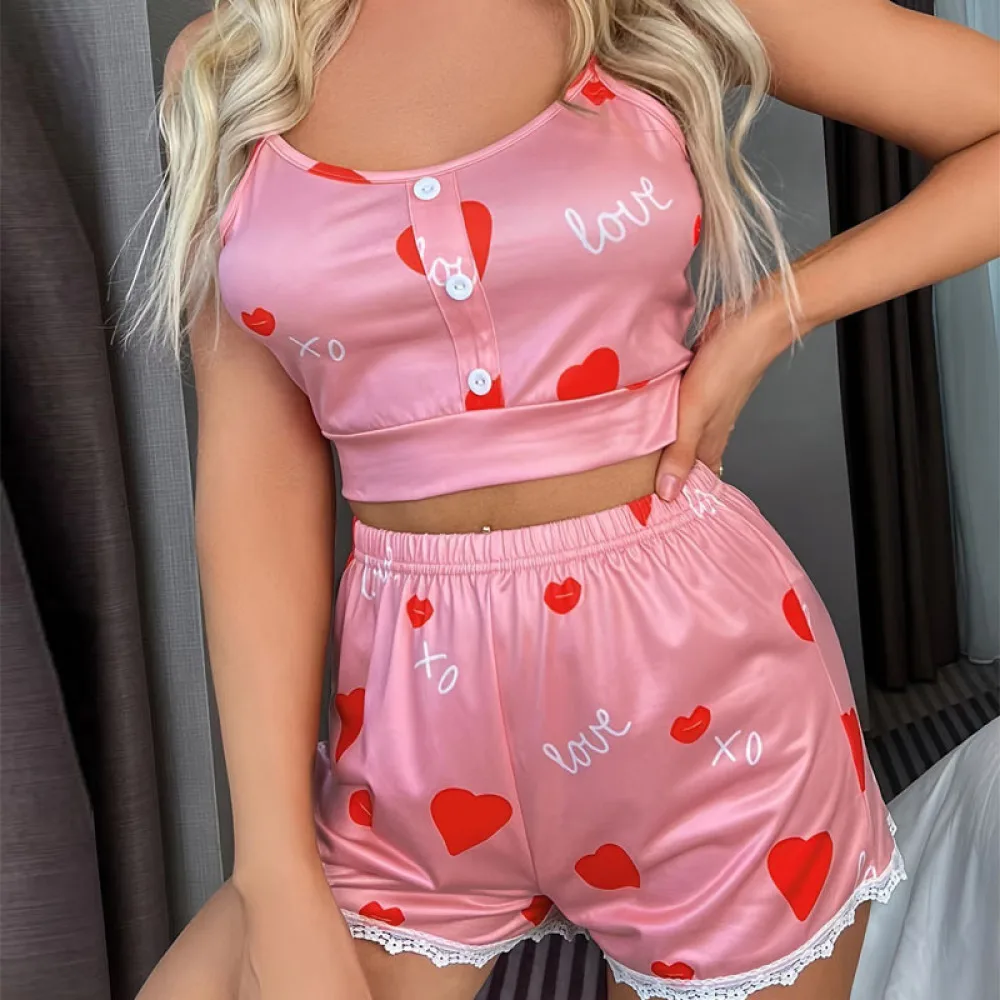 Women's Pajamas Sets Spring Summer 2Piece Print Pyjama Sling Sleepwear Sleeveless Top Shorts Pijama Mujer Pjs Homewear Housewear