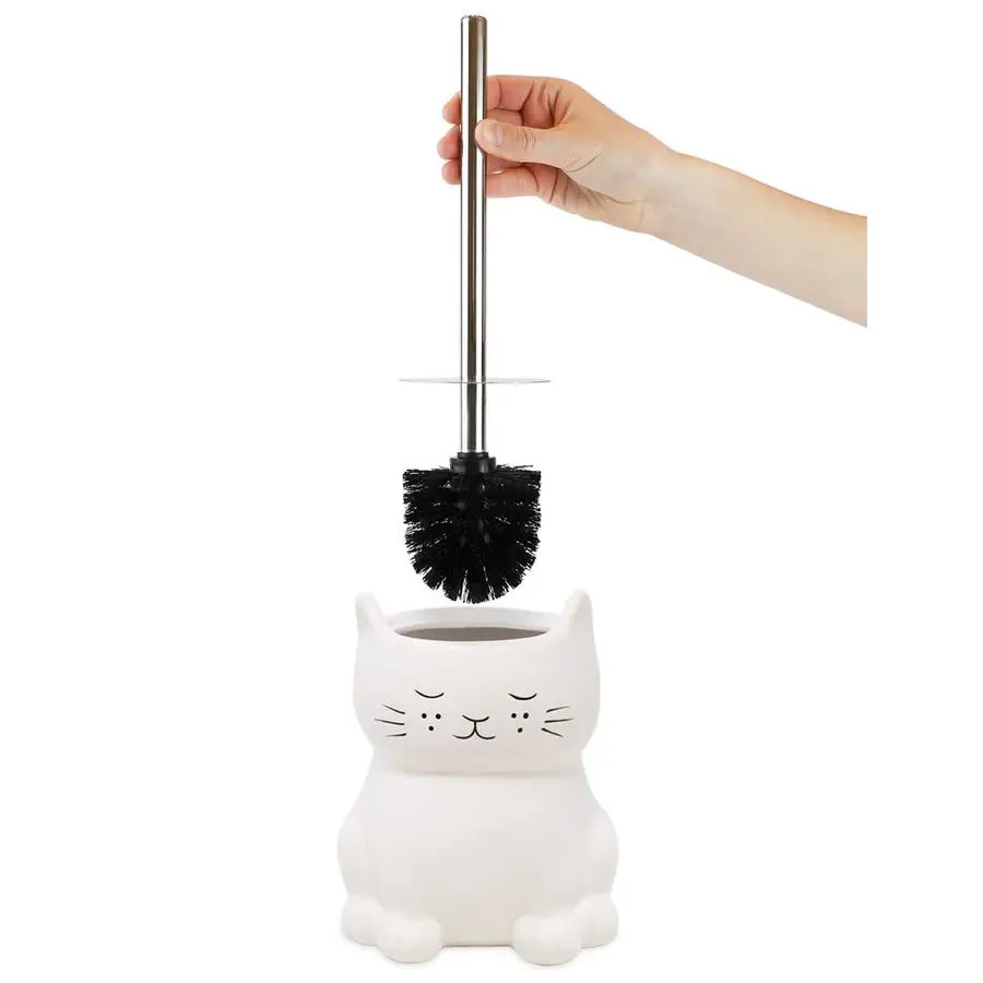 

White Ceramic Cat Toilet Bowl Brush Holder with Chrome Metal Handle Unassembled Bathroom Accessory amp Cleaning Storage Cat