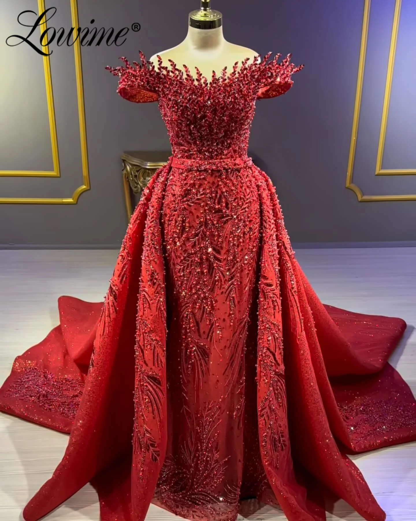 Vestidos de fiesta azules y rojos, vestido de noche árabe 2025, vestido largo de fiesta de boda con cuentas de cristales personalizados y batas con falda desmontable