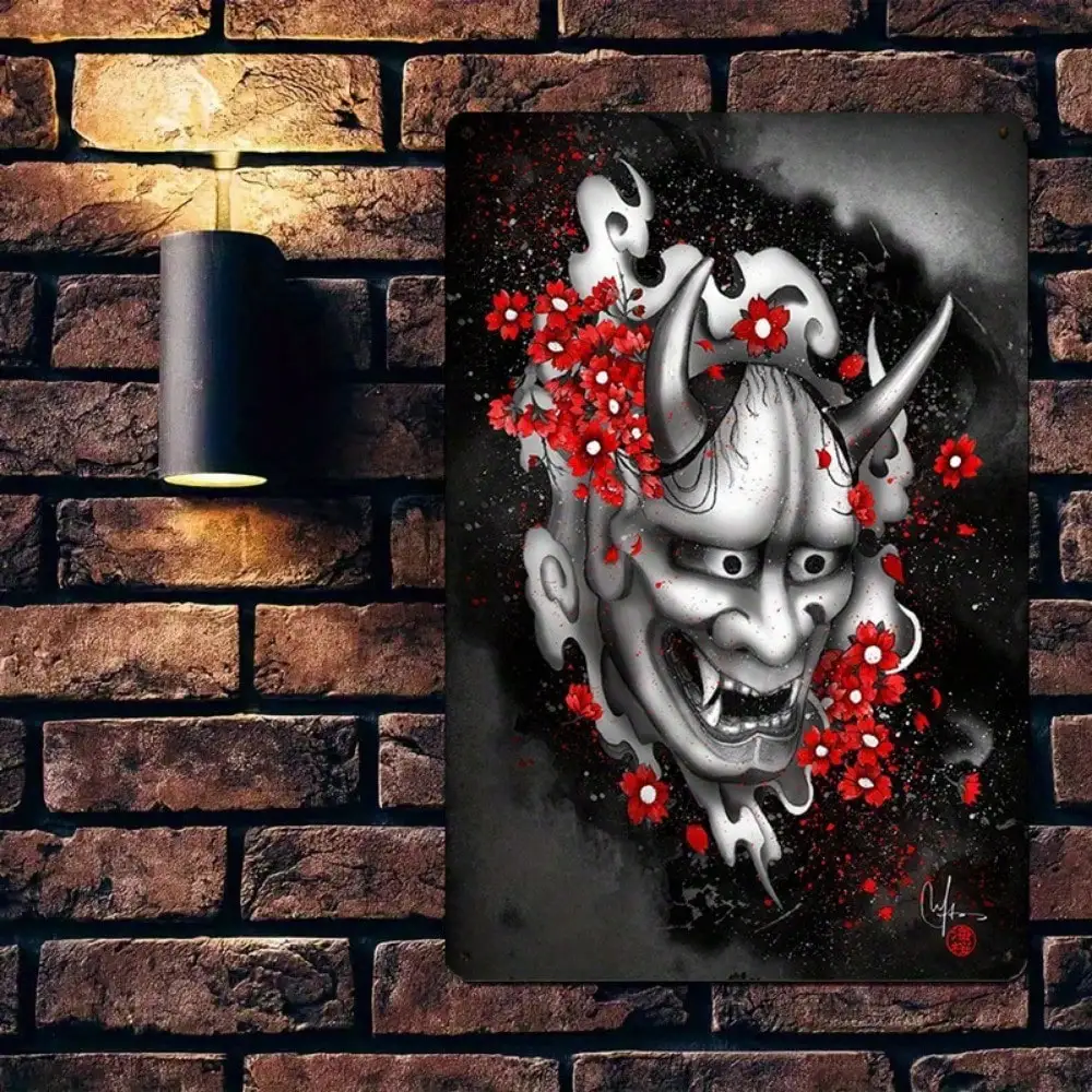 1 szt. Tabliczka Blaszana Japońska Maska Demona - Sztuka Samuraja do Dekoracji Salonu/Biura, Czerwone Kwiaty i Czarna Tematyka, 20x30cm
