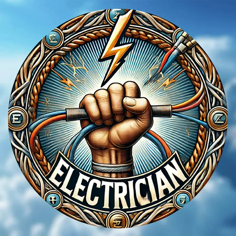 2D Flat, Vintage Electrician Wall Sign - 8-Inch Round Metal Wiring & Raised Fist Design Suitable for Home, Bar, Café Decor - Dur