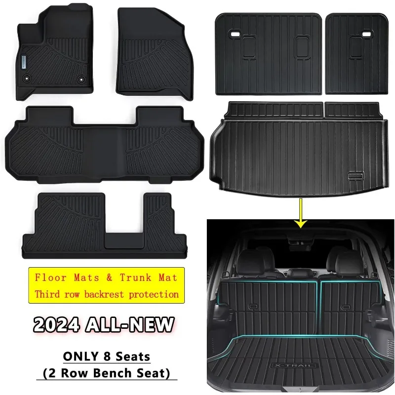 US Floor Mats &Trunk Mat for All-New 2024 Chevy Traverse (7 Seats-2 Row Bucket Seat)，TPE All Weather Protection 3 Rows Car Floor