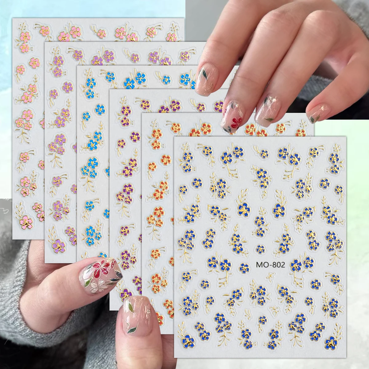 3/6/12 Sheets Gold Foil Floral Nail Art Stickers Blue Pink P