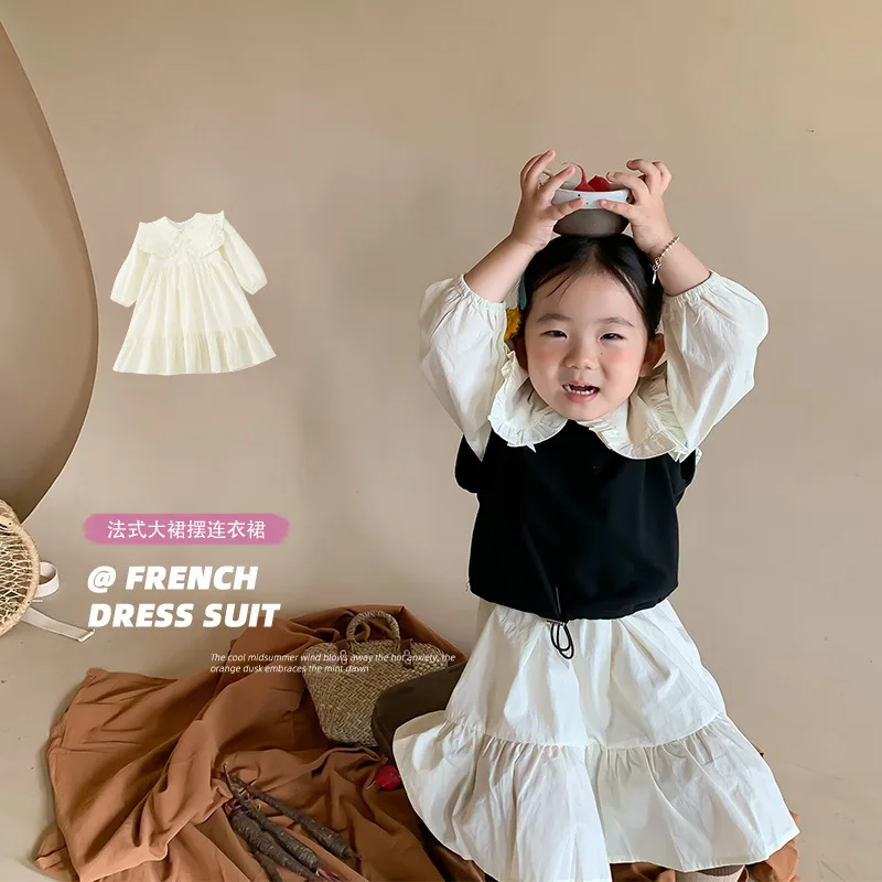 

Korean Children's Clothing Spring and Autumn New Girls' Dress with Lace Doll Collar Princess Dress Baby Dress Trendy