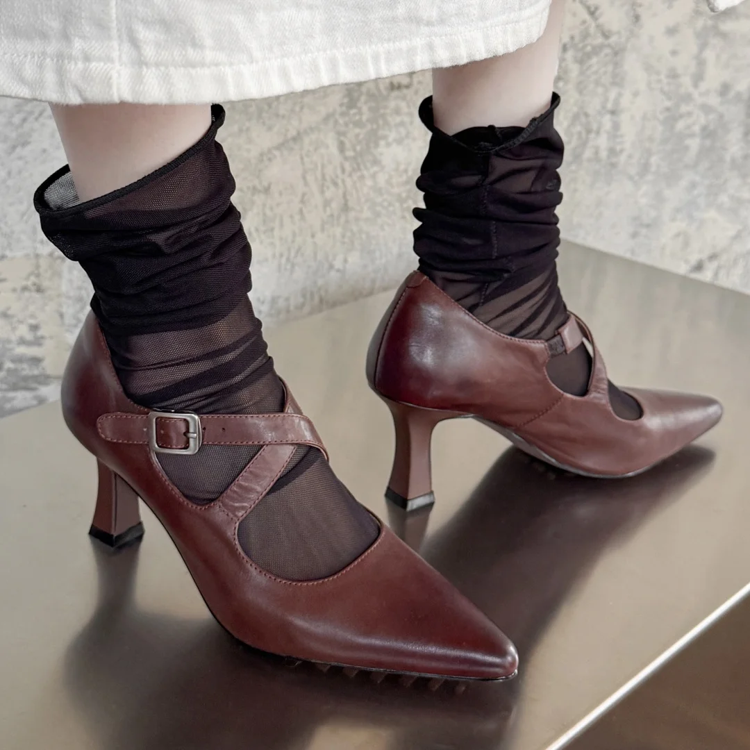 

Women's cow leather narrow band cross strap slip-on pumps elegant ladies pointed toe 7cm thin high heel daily heeled dress shoes