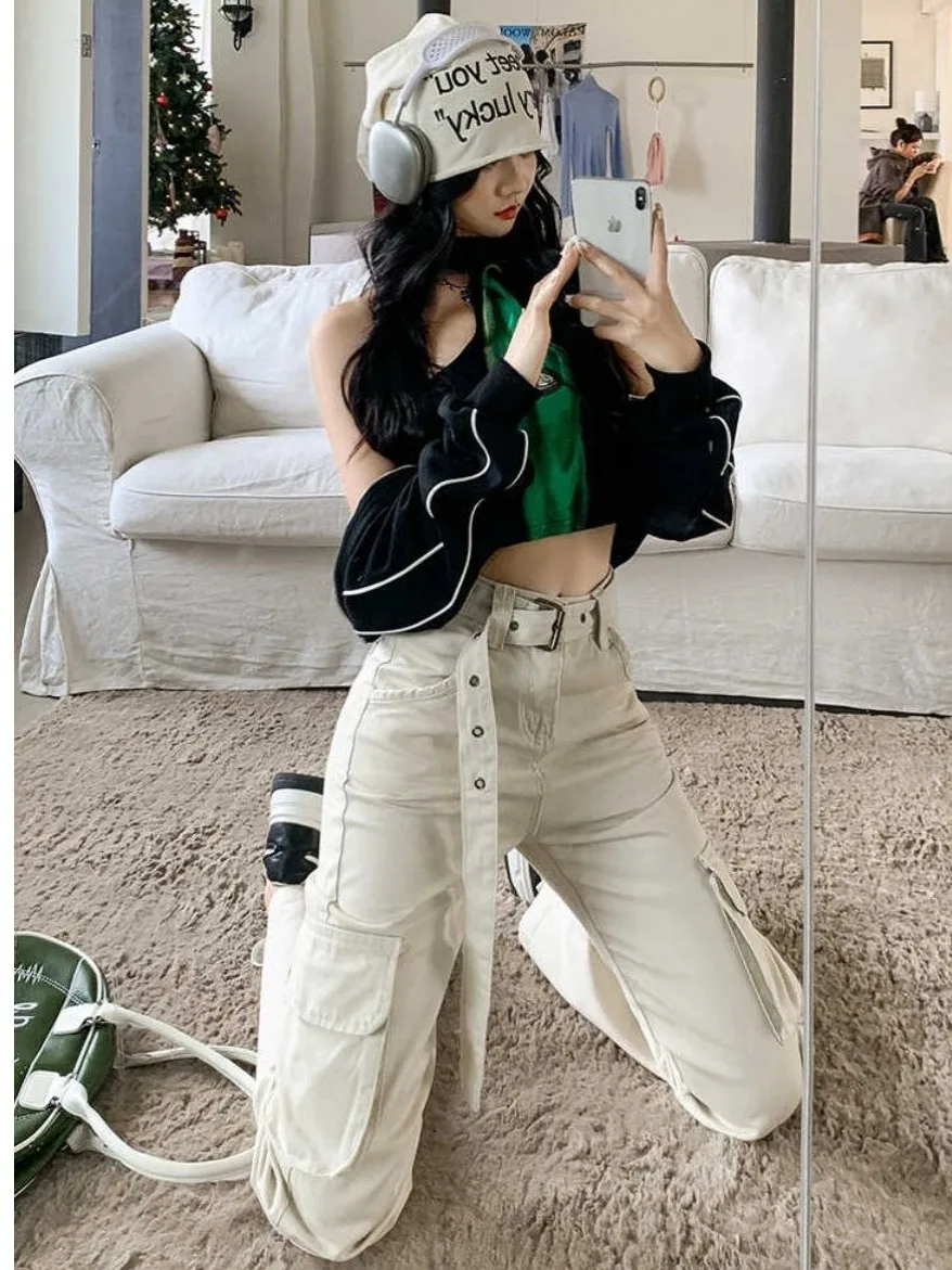 

Retro High Waist Cargo Pants White Denim American Workwear Design Loose Casual Trousers with kets for Women