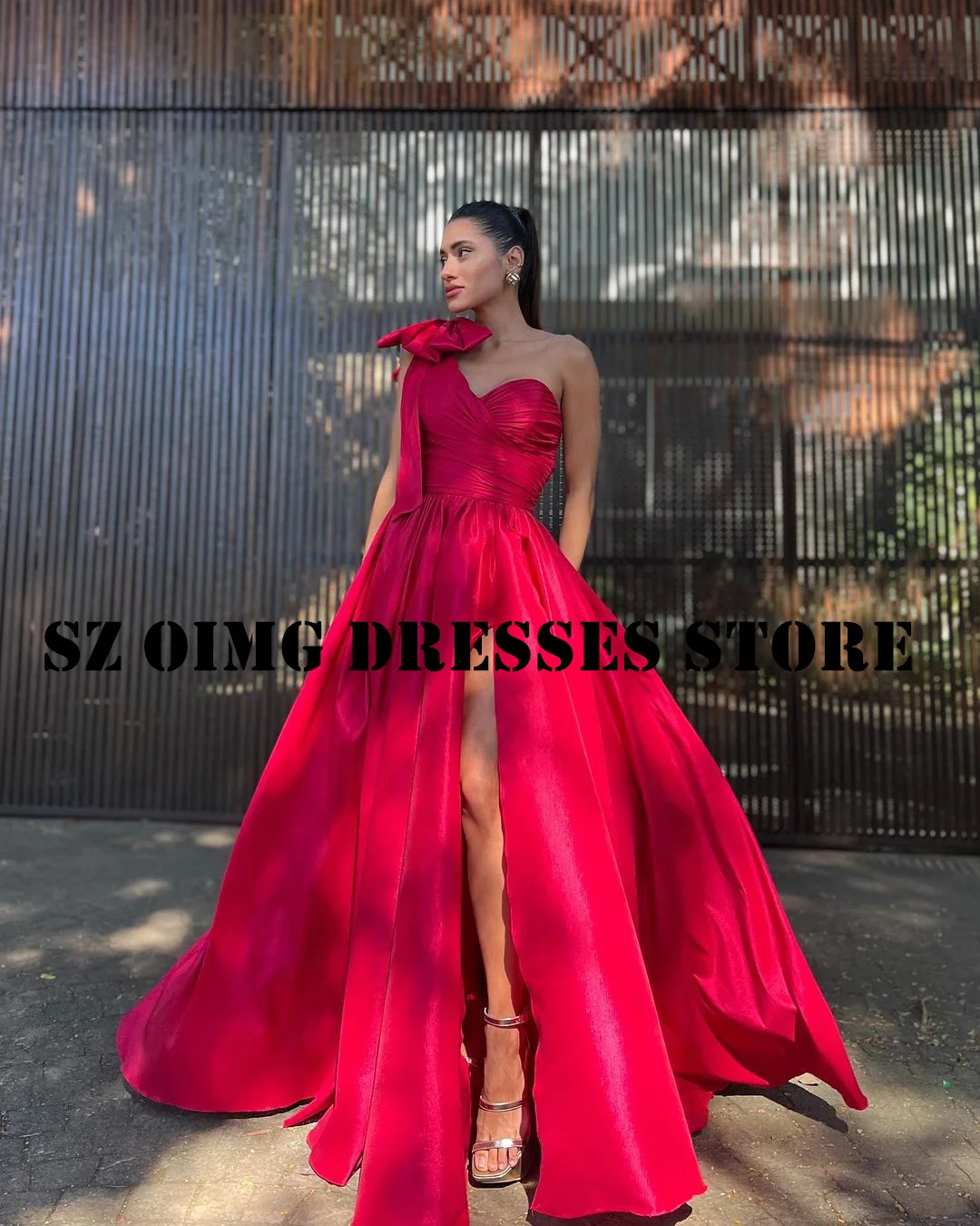 OIMG-vestidos de baile simples em cetim para mulheres árabes, vestido de festa formal com um ombro, divisão alta, vestidos de noite em linha A