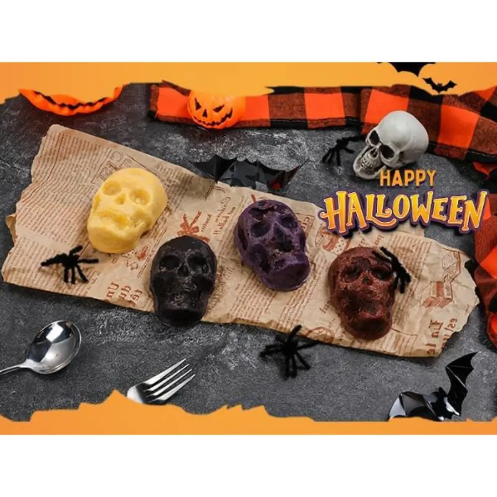 

Silicone Halloween Skull Cake Pan 6 Cavity Skull Metal Framed Baking Tray Non-Stick Food-Safe Cupcake Maker Mold for Baking
