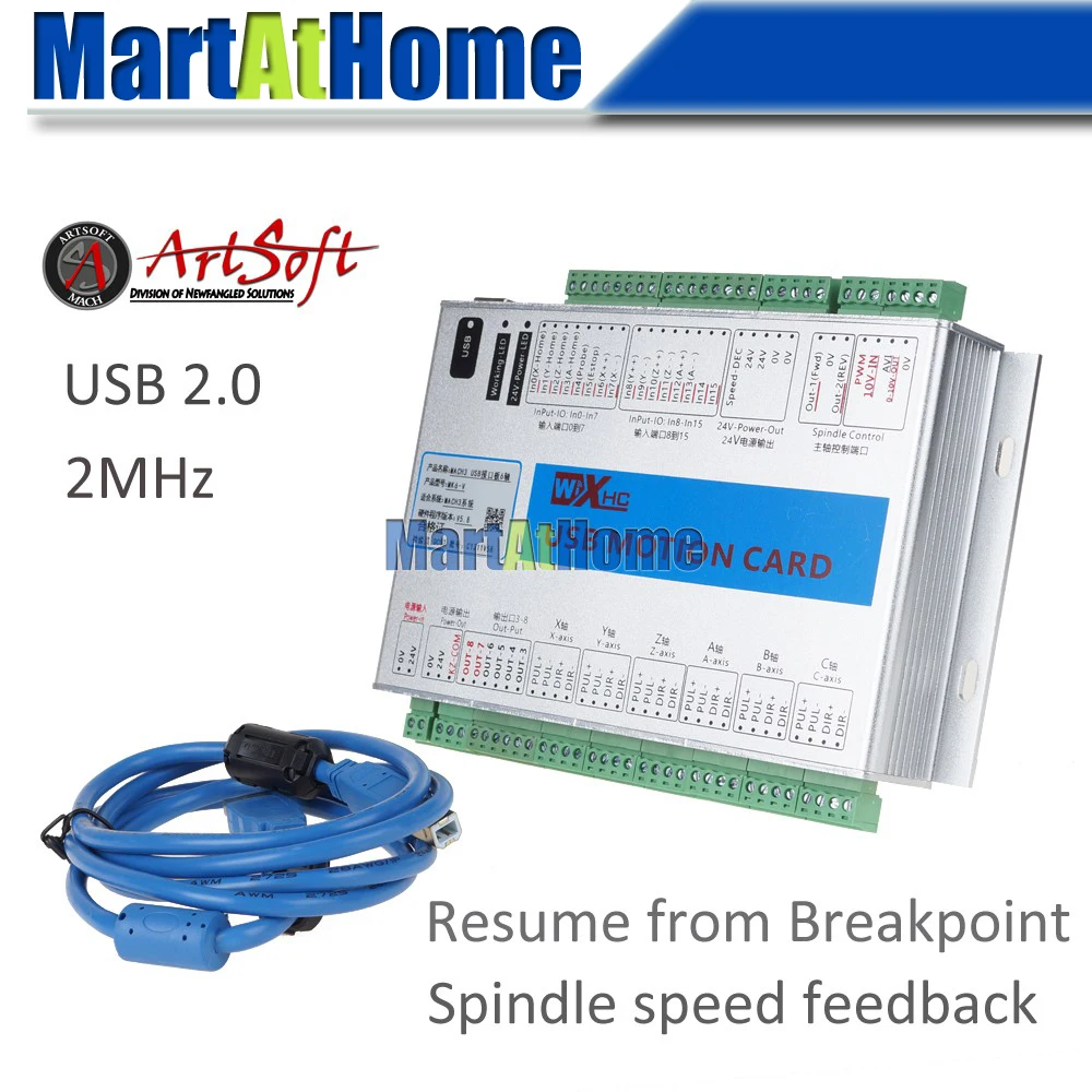 

XHC MK6-V Mach3 USB 6 Axis CNC Motion Control Card Breakout Board 2 MHz Support Resume from Breakpoint & Spindle Speed Feedback