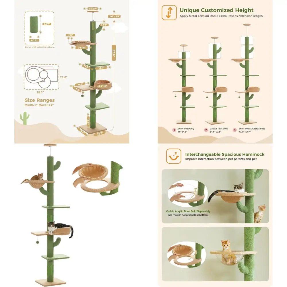 

Adjustable Height 87-100 5-Level Cactus-Style Cat Tower with Perch, Hammock, and Acrylic Bowl, Green