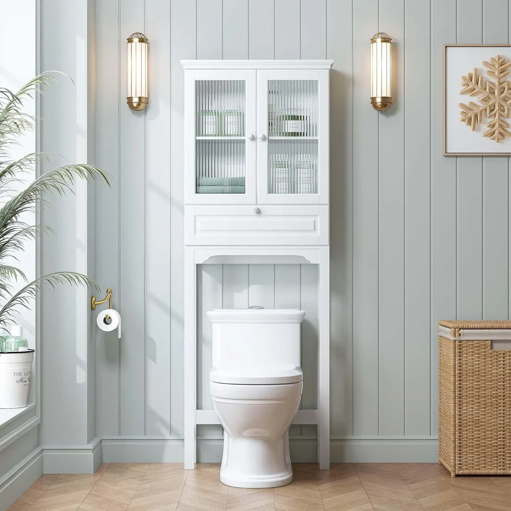 خزانة تخزين فوق المرحاض مع مكعب مائل وأبواب زجاجية مورو قابلة للتعديل، منظم حمام لحلول توفير المساحة