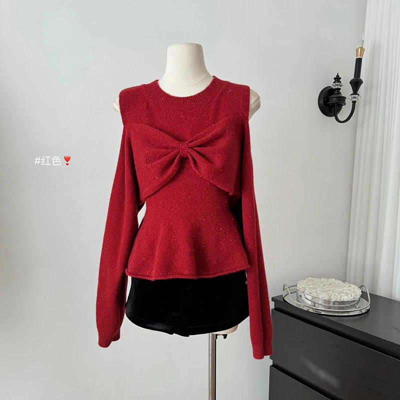 Autumn Winter New Fashion Sweet Bow Knitted Tops Solid Color Elegant Hollow Out Off Shoulder Knitwear Sweaters Casual Versatile