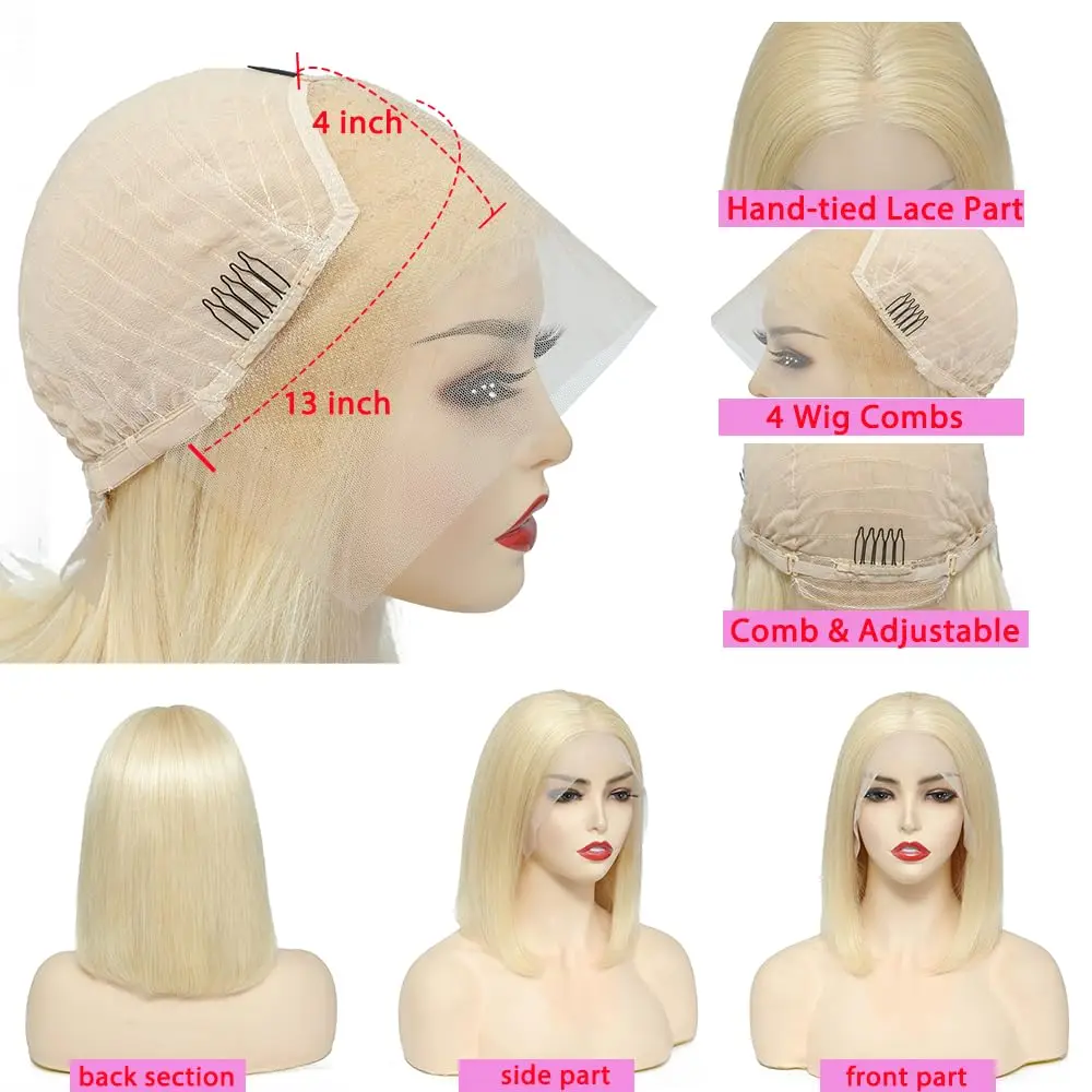 613ブロンドショートボブウィッグ人毛透明レース13x4レースフロントウィッグ人毛プレプラッキング済みレースフロントウィッグ（女性用）