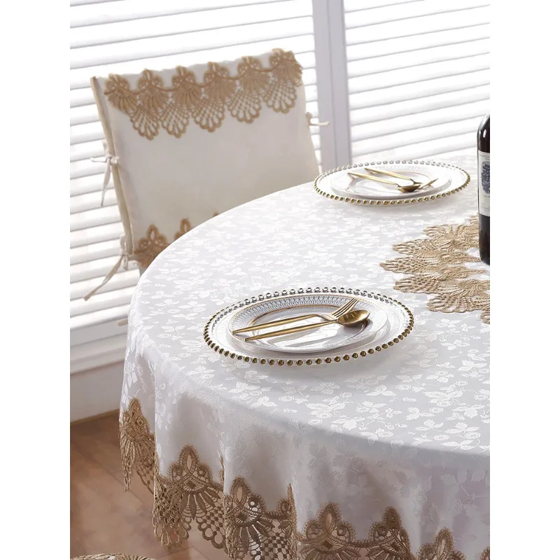 Round Tablecloth Light Cream Pastoral Table Cover Dining Table Cloths Turntable Folding Embroidery Lace Flower Towel Chair Cover