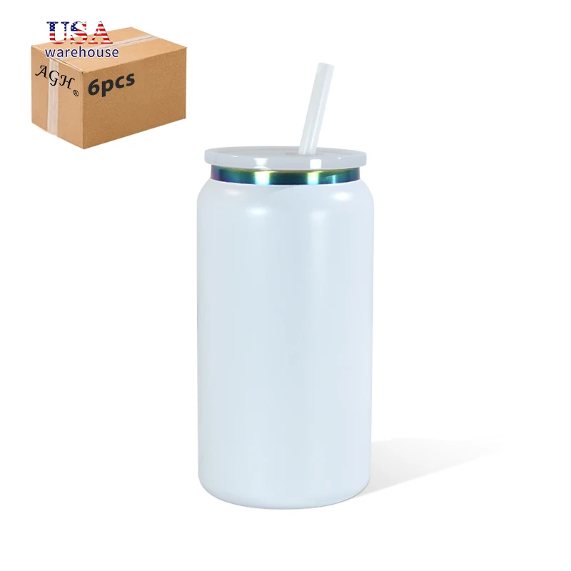 

6pcs 16oz Double Wall Stainless Steel Rainbow Underneath Tumbler Beer Can Mason Jar With Lid Hu