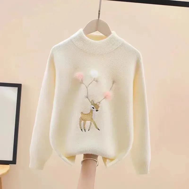 Girls' Deer Plush Sweater Autumn Winter Solid Knitted Pullover Sweaters Children's O-Neck Thickend Warm Knitwears for Girl 2-14T