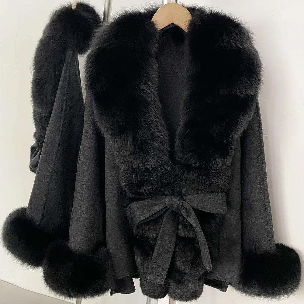 Women's Wool Coat Oversized with Shawl Collar Fur Cuff Woolen Coat Women Belt Real Fur Outerwear Warm Winter Chic Casual Wear
