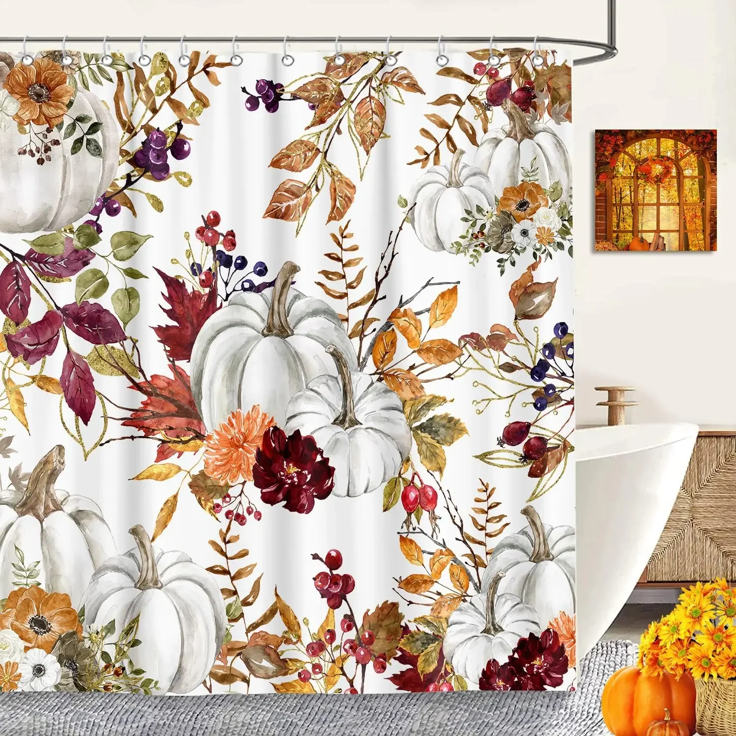 Fall Boho Shower Curtain Rustic Autumn Harvest Pumpkins Leaves Floral Shower Curtain Farmhouse Fall Thanksgiving Shower Curtains