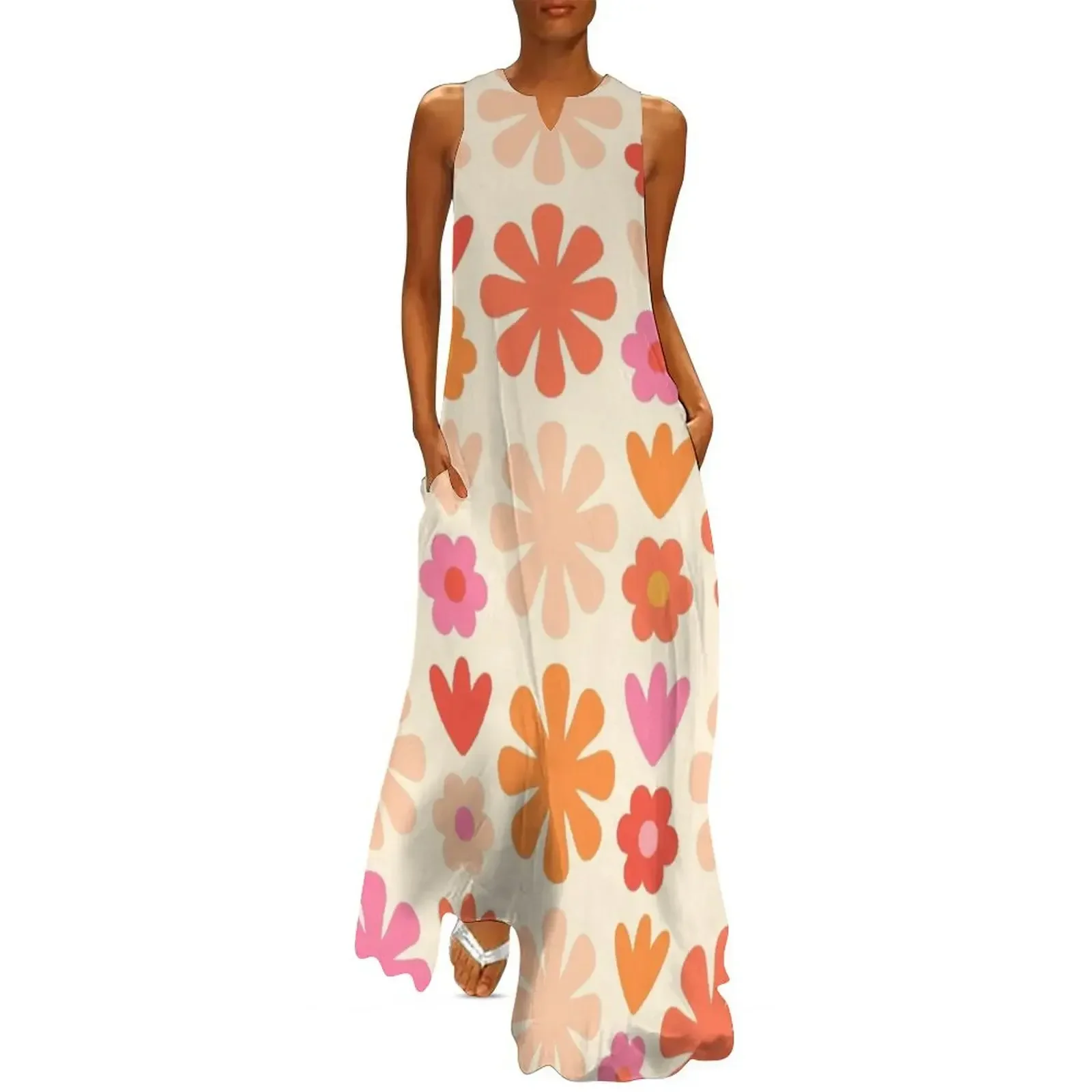 

Scandi Floral Grid Retro Flower Pattern Orange Pink Cream Long Dress Dance dresses Dress