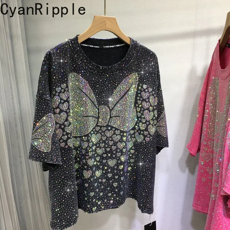 Full Diamonds Hot Drilling Bow New Spring Summer Short Sleeve T-shirt Women Round Neck Pullover Top Luxury Casual Cotton Tees