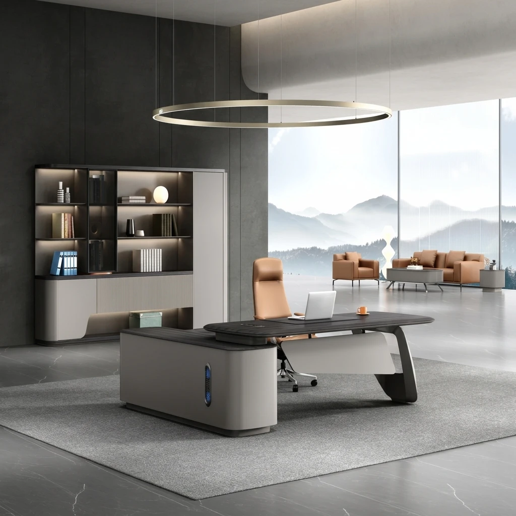 Luxury L-Shaped Executive Desk Dual-Fan PC Cooling Modern Elegant Grey Ultra-Thick Privacy Storage Charging Station