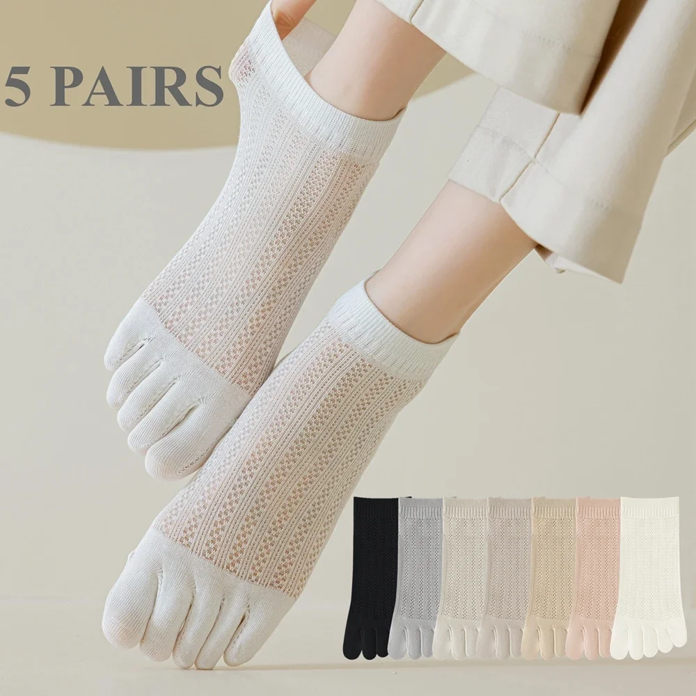 5 Pairs Premium Toe Socks Women Summer Mesh Ankle Socks with Separate Fingers Cotton Sports Five Finger Socks Ladies