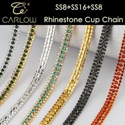 CARLOW 10 Yards High Quality 3 Rows Colorful Glass Rhinestones Cup Chain Flat Back Stones Chain for Dress Acccessories