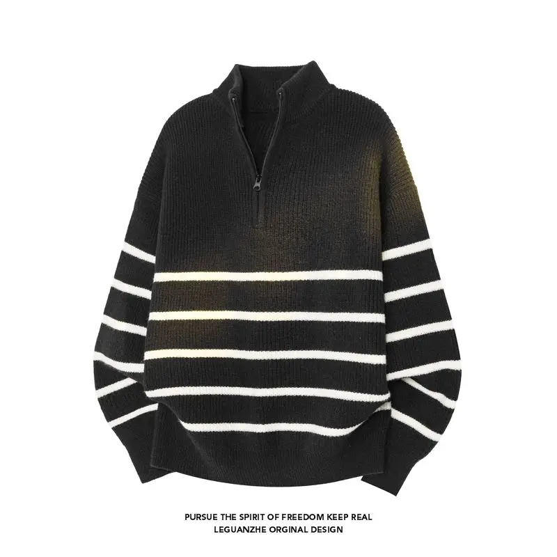 

Осень 2023, большой размер f, полосатый свитер на молнии с высоким воротником, толстовка с капюшоном, удобная мужская трикотажная одежда из полиэфирного волокна