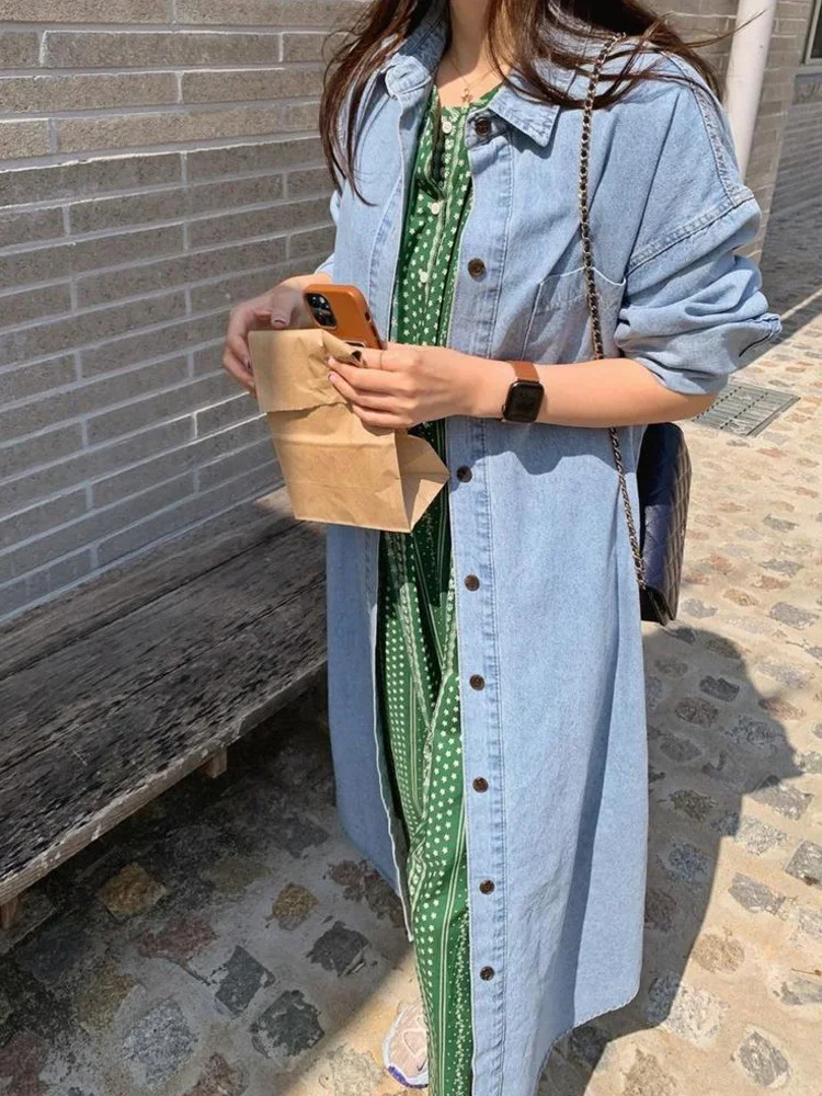 Denim Color Trench Women Long Sleeve Single Breasted Turn-down Neck Loose Coat 2024 Autumn Female Fashion Clothing 2I785