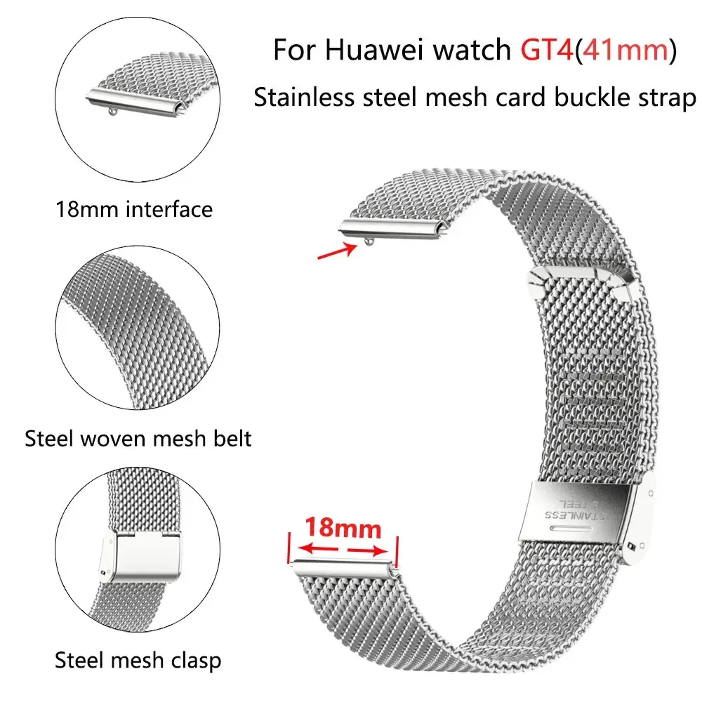 18mm Strap for Huawei Watch GT4 41MM Stainless Steel Mesh Latch Strap 18mm Interface Huawei Watch GT4 41MM Watch Strap
