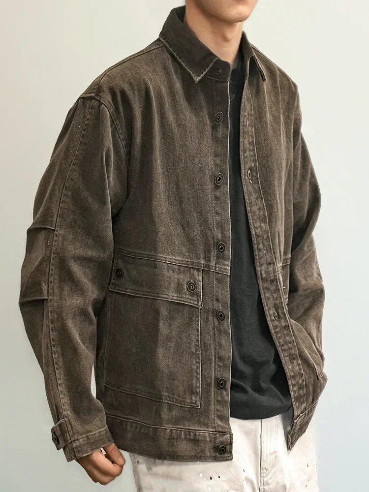 Mens Work Shirt Vintage American Style Pure Cotton Distressed Casual Long Sleeve Loose Fit Plus Size Button Down High Quality