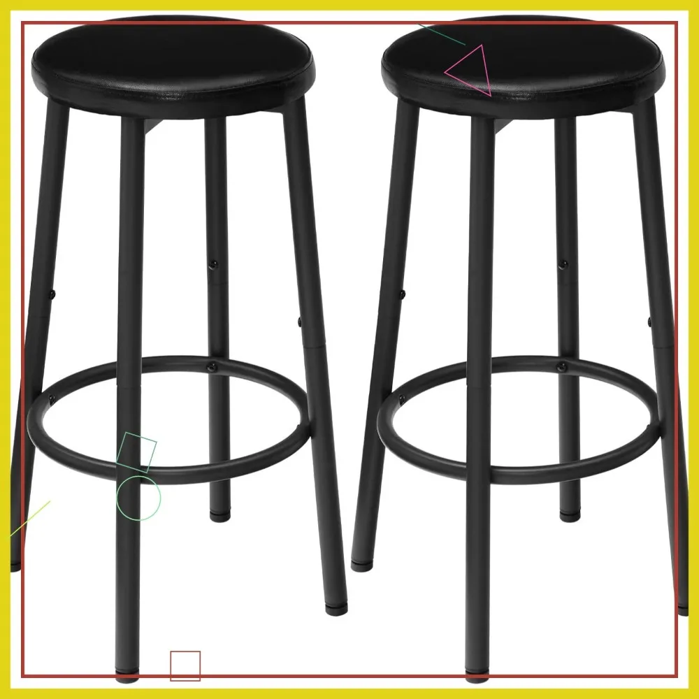 

Set of 2 Black Bar Stools with Footrest, 25.6 Inch Height, PU Upholstered Kitchen Island Chairs, Easy Assembly for Dining Room