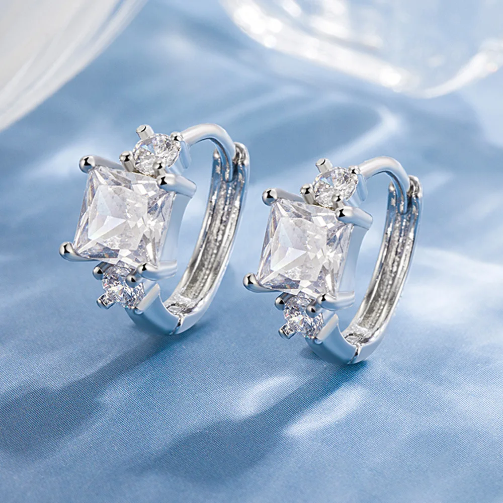 925 Sterling Silver Princess Cut CZ Huggie Earrings, Shiny Square Crystal Hoop Earrings, Minimalist Bridal Jewelry Gift