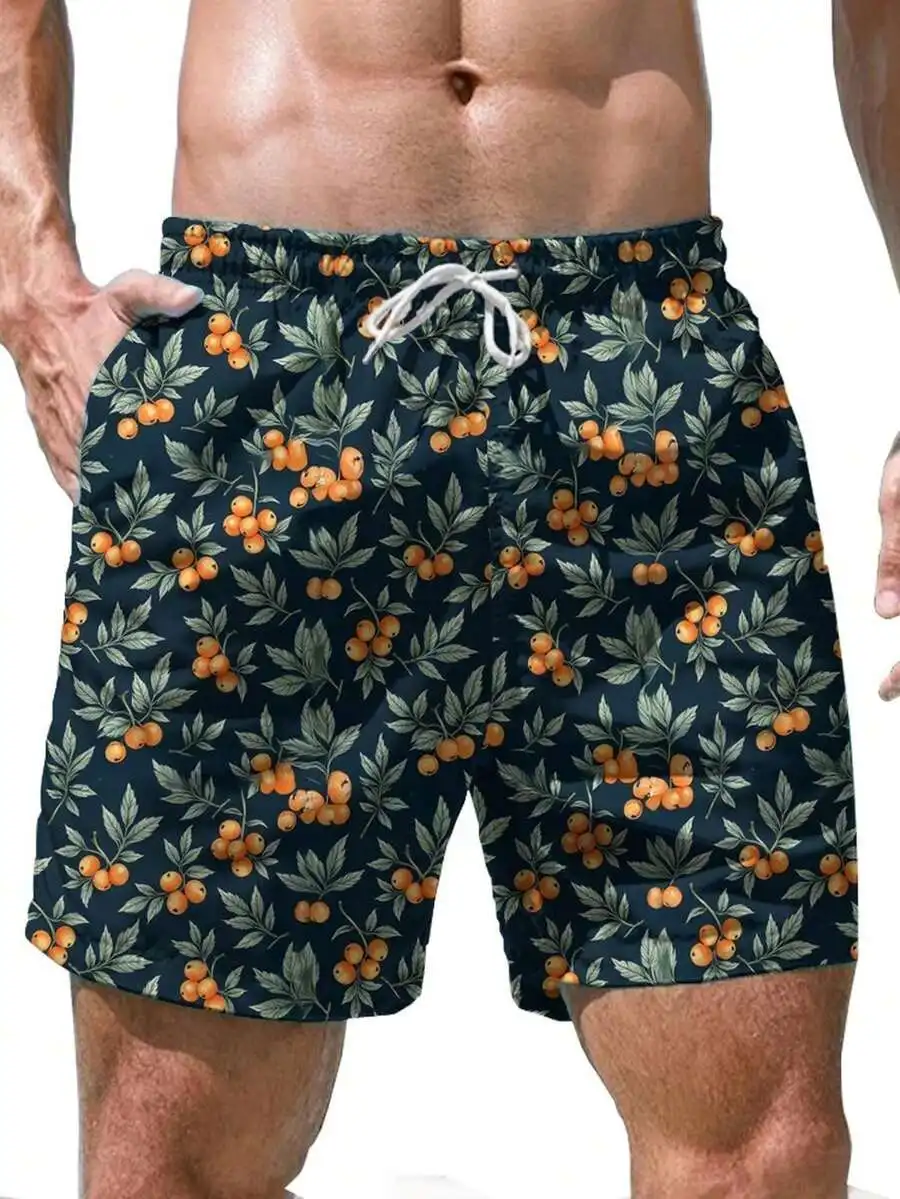 

Mens Swim Trunks With Orange Fruit And Leaf Print Lightweight Beach Shorts Elastic Drawstring Waist