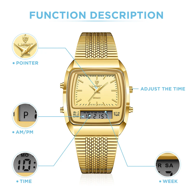 5 PCS/Set Watch For Men New Fashion Casual Digital Quartz Dual Display Gold Clock Week Time Sports Waterproof Quartz Wristwatch