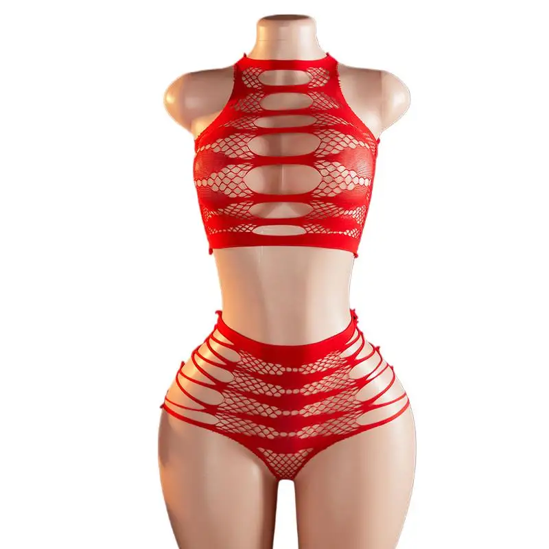 Plus Size Sexy Lingerie Women's Pajamas Set Hollow Out Hot Sleepwear Transparent Fishnet Sex Open Bra Underwear Erotic Costumes
