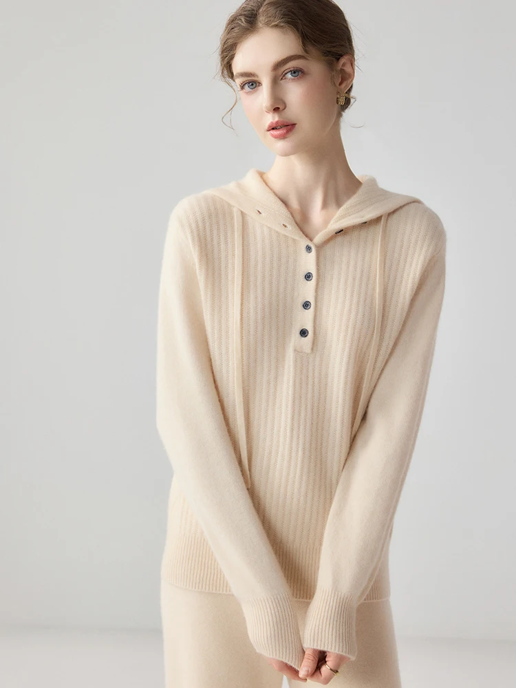 100% Cashmere Sweater Autumn Winter Woman V-Neck Pullover Knitwear Hooded Henley Vertical Rib Knit Drawstring  Clothing Tops
