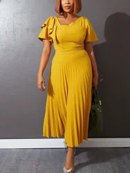 Women Pleated Midi Dresses Short Sleeve Ruffles Elegant Plus Size A Line Spring Summer Chic Fashion Gown Party Birthday Robes