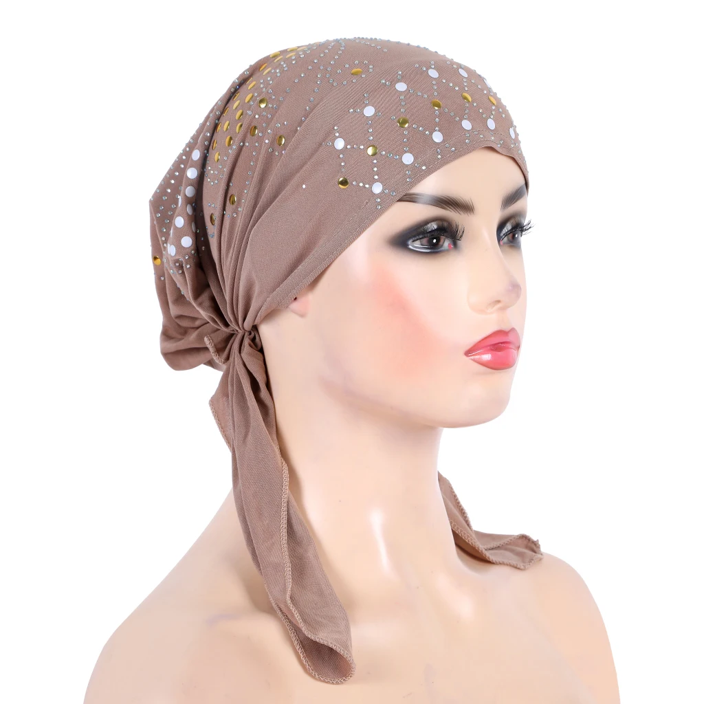 H089 fashion turban hijab with many sequins stones muslim hijabi scarf islamic headscarf hat amira pull on headwrap