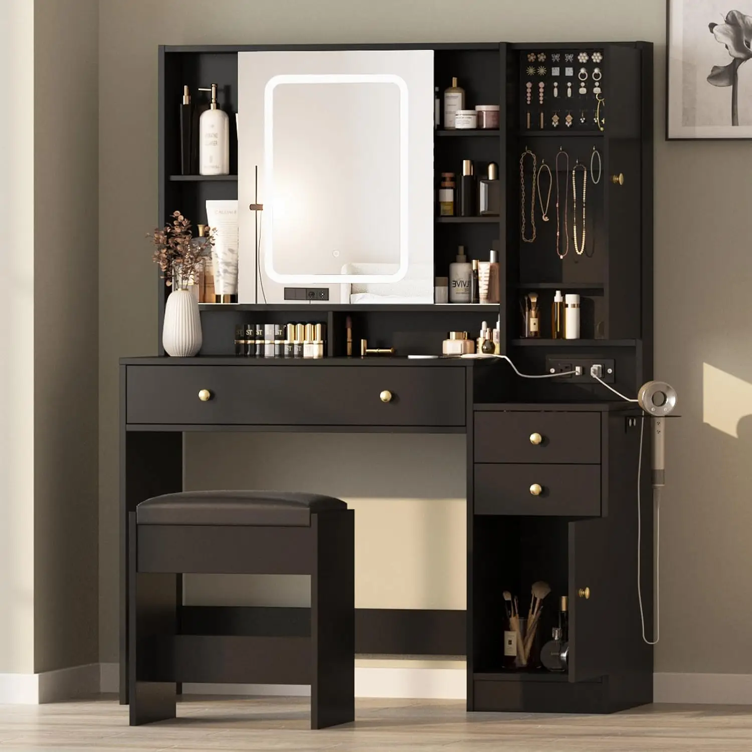 

Vanity Table with Mirror, Lights and Charging Station - Glass Top Vanity with 3 Drawers, Jewelry Cabinet and Sliding Door