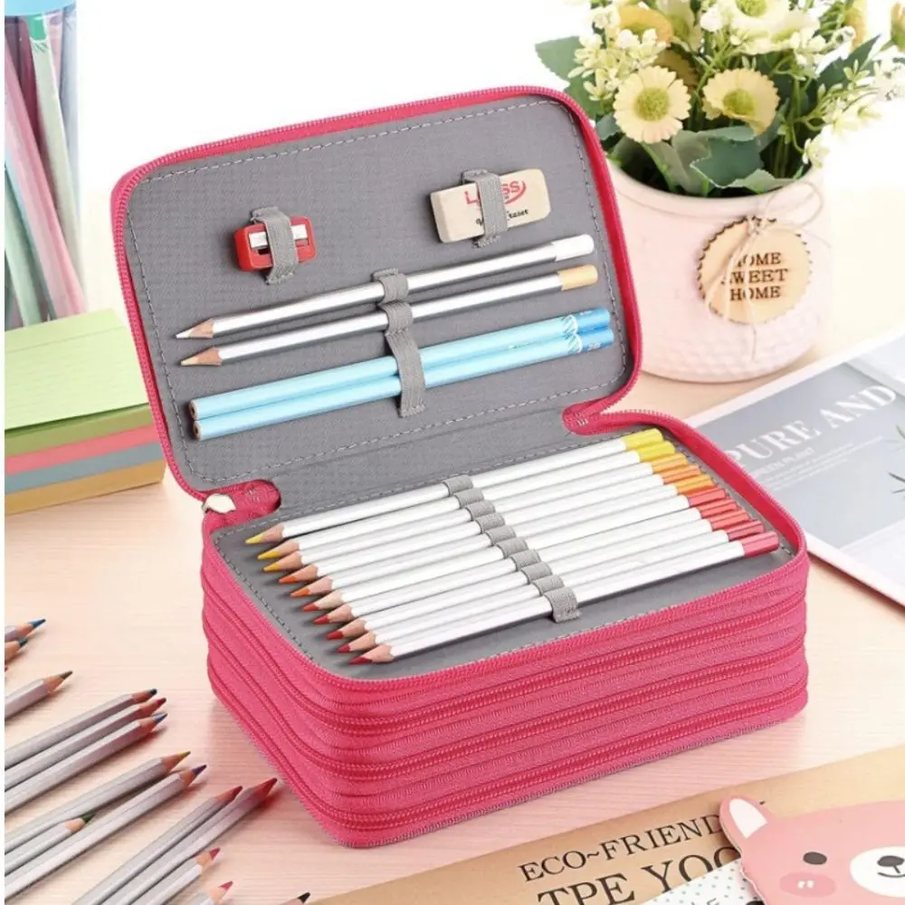 

4 Layers Colored Pencil Bag Large Capacity 72 Holes Pencils Case Smooth Zipper Solid Color Pen Pouch Office Accessories