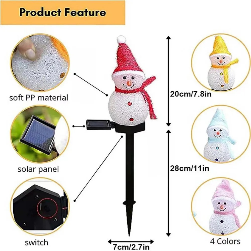 قطعة واحدة من مصابيح رجل الثلج الشمسية لعيد الميلاد، متوفرة في رجل الثلج باللون الأحمر والأصفر والوردي والأزرق، تستخدم للحديقة وتزيين الحديقة ﻿