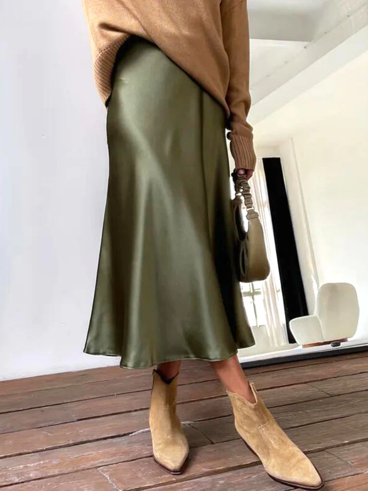 Silk Satin Skirts for Women Korean Style Champagne Office High Waist A-line Skirt Fashion Elegant Solid Long Pencil Skirt 2024