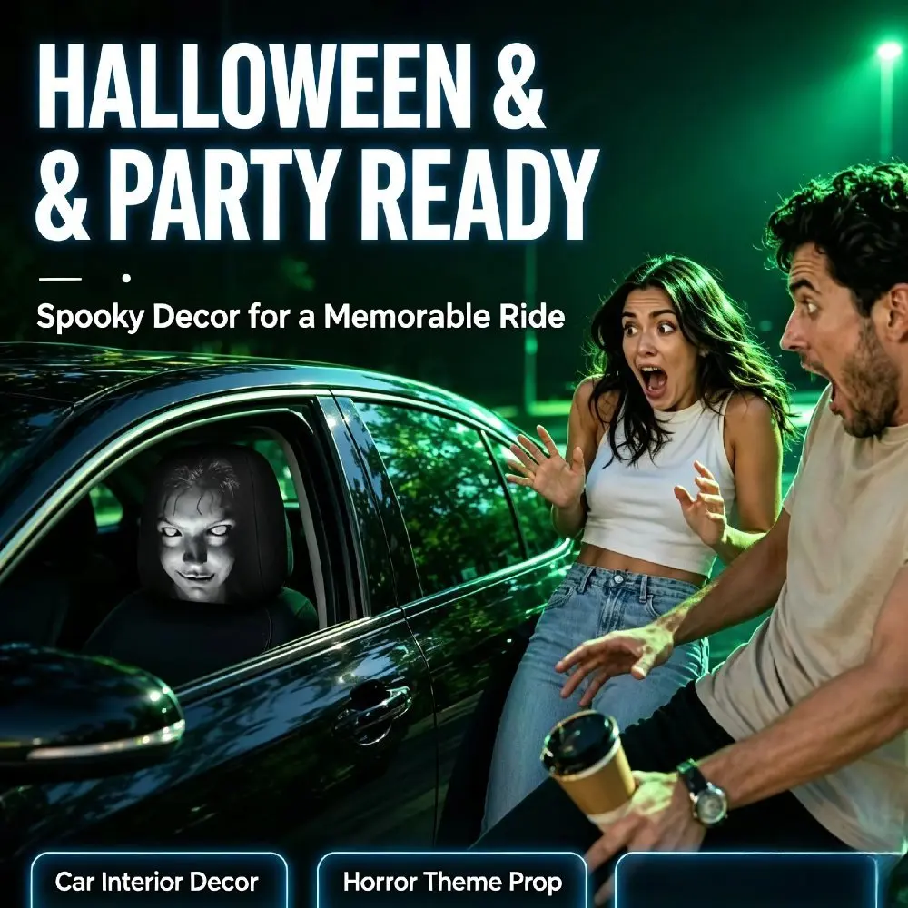 Halloween Scary Ghost Face Car Headrest Covers Double-Sided Printed Elastic Funny Prank Car Seat Headrest Protector Most Cars